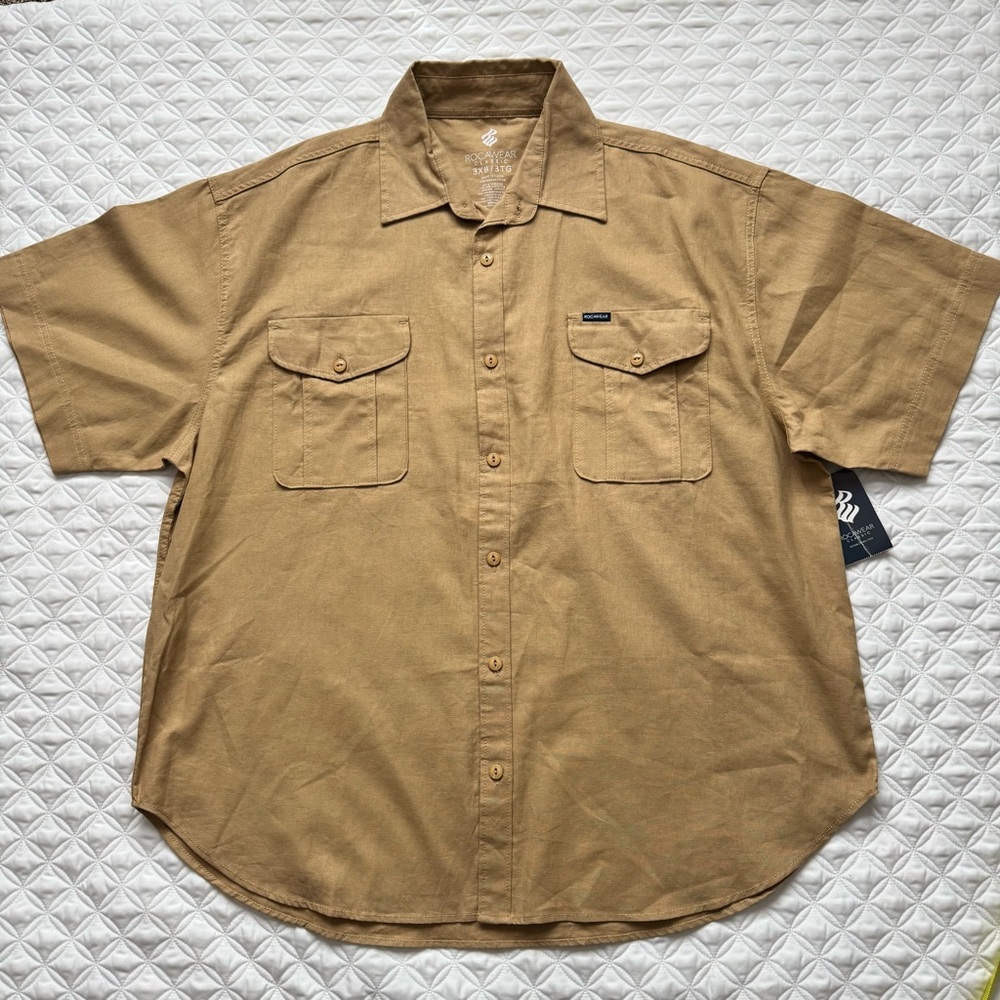 NWT Rocawear Khaki Linen Cotton Button Down Short Sleeve Shirt 90s Y2K Size 3XB